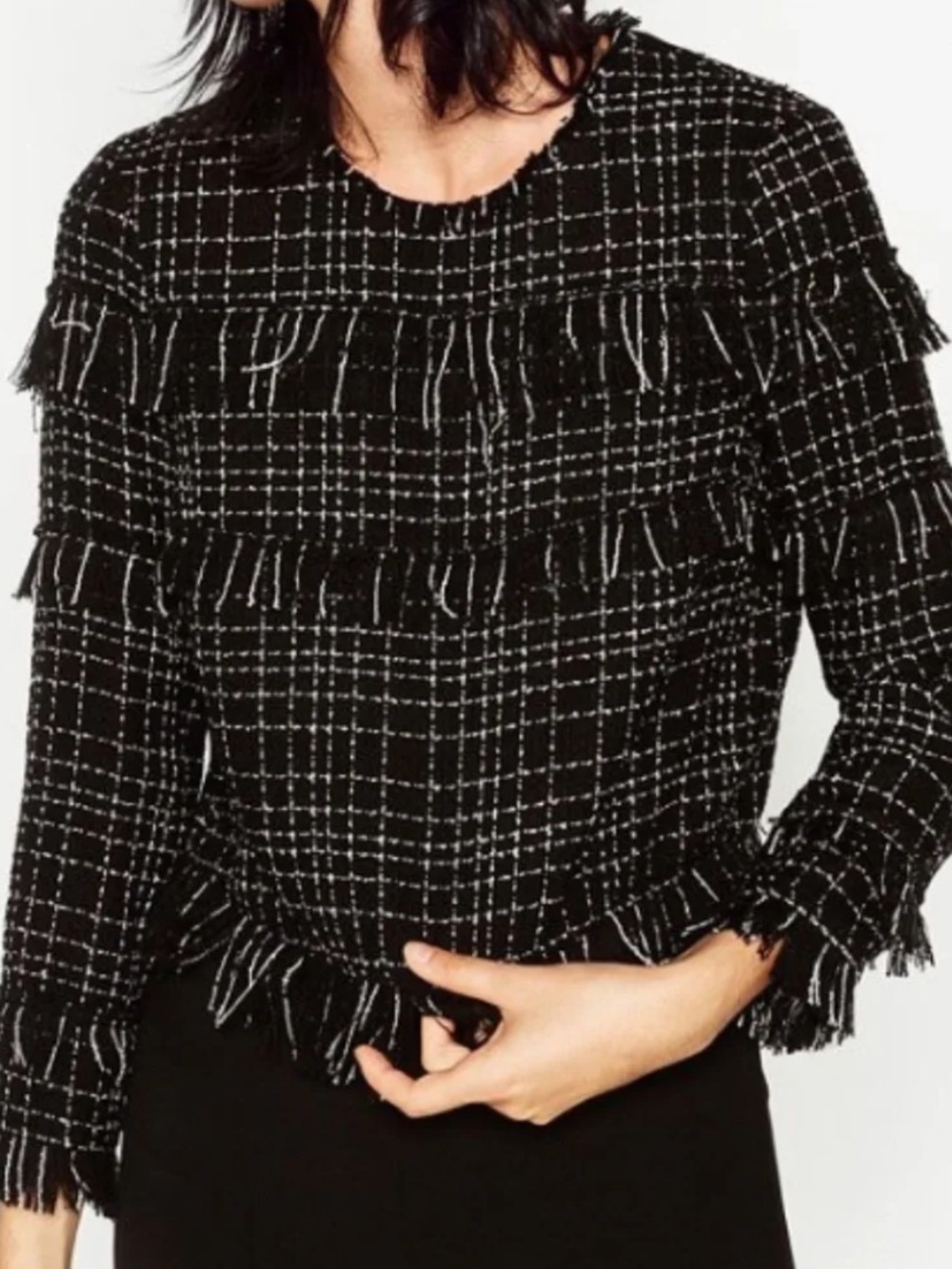 Zara Women’s Frayed Tweed Blouse Black & White Fringe  Size XS